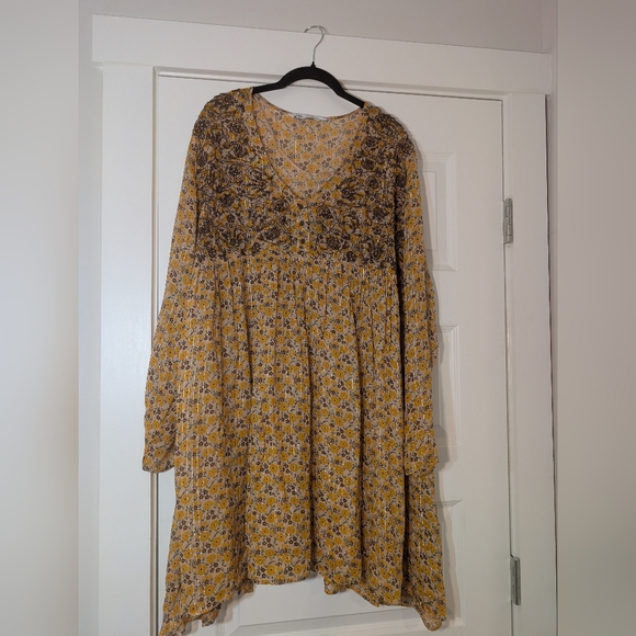 Zara Yellow and Brown Bohemian Floral Long Sleeve Tunic Top Or Dress Size XL - Picture 3 of 8
